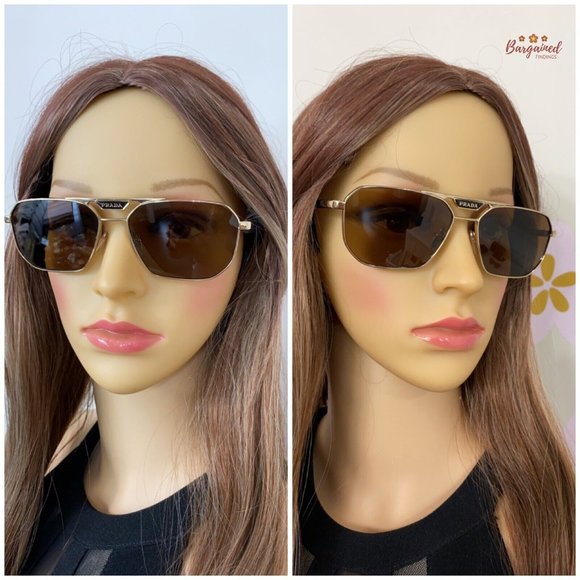 Authentic Prada Pale Gold Metal Rectangle Sunglasses Brown Polarized Lens main image 8